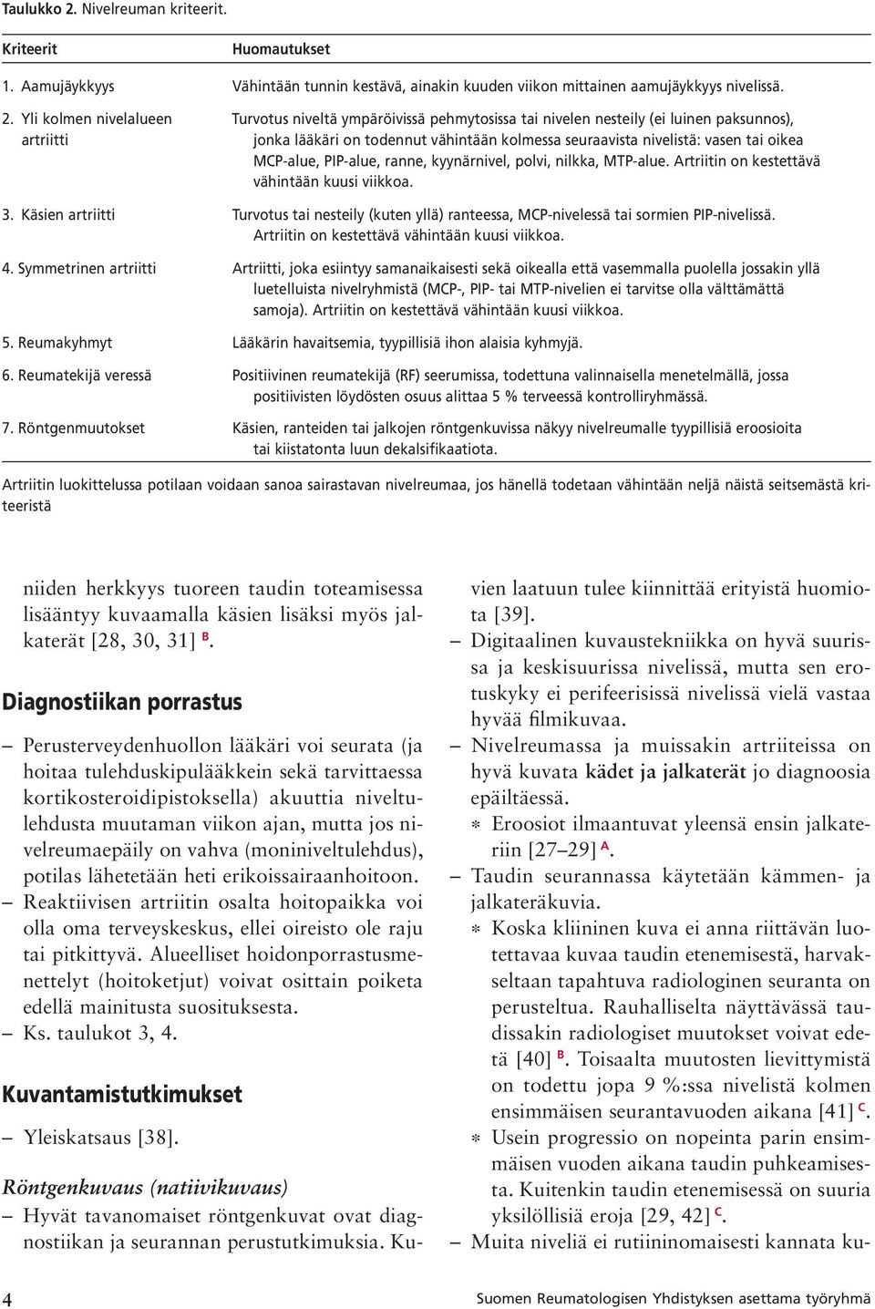 Yli kolmen nivelalueen Turvotus niveltä ympäröivissä pehmytosissa tai nivelen nesteily (ei luinen paksunnos), artriitti jonka lääkäri on todennut vähintään kolmessa seuraavista nivelistä: vasen tai