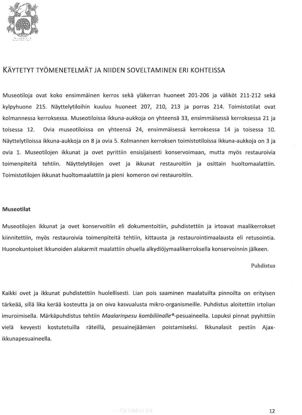 Ovia museotiloissa on yhteensä 24, ensimmäisessä kerroksessa 14 ja toisessa 10. Näyttelytiloissa ikkuna-aukkoja on 8 ja ovia 5. Kolmannen kerroksen toimistotiloissa ikkuna-aukkoja on 3 ja ovia 1.