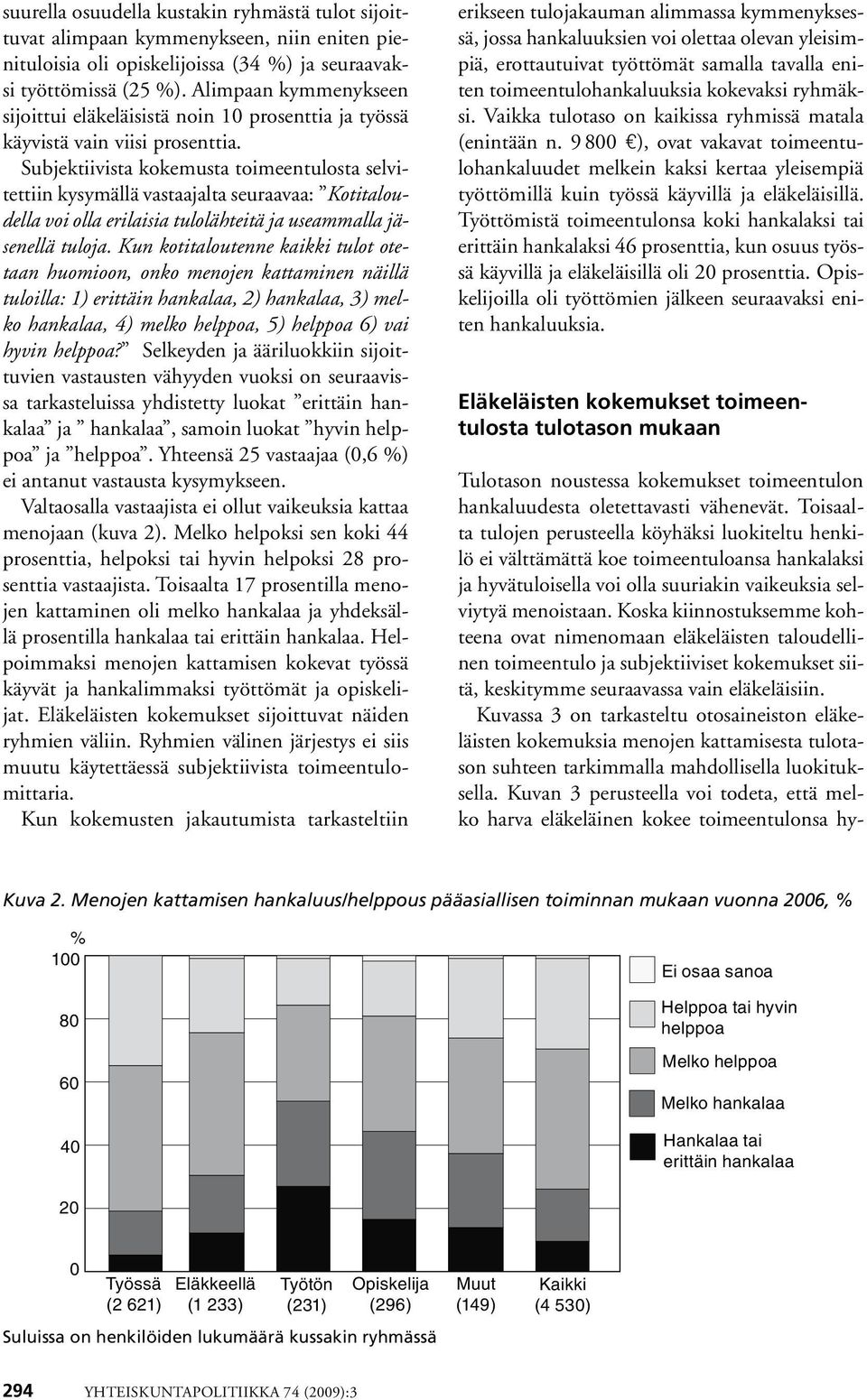 Subjektiivista kokemusta toimeentulosta selvitettiin kysymällä vastaajalta seuraavaa: Kotitaloudella voi olla erilaisia tulolähteitä ja useammalla jäsenellä tuloja.