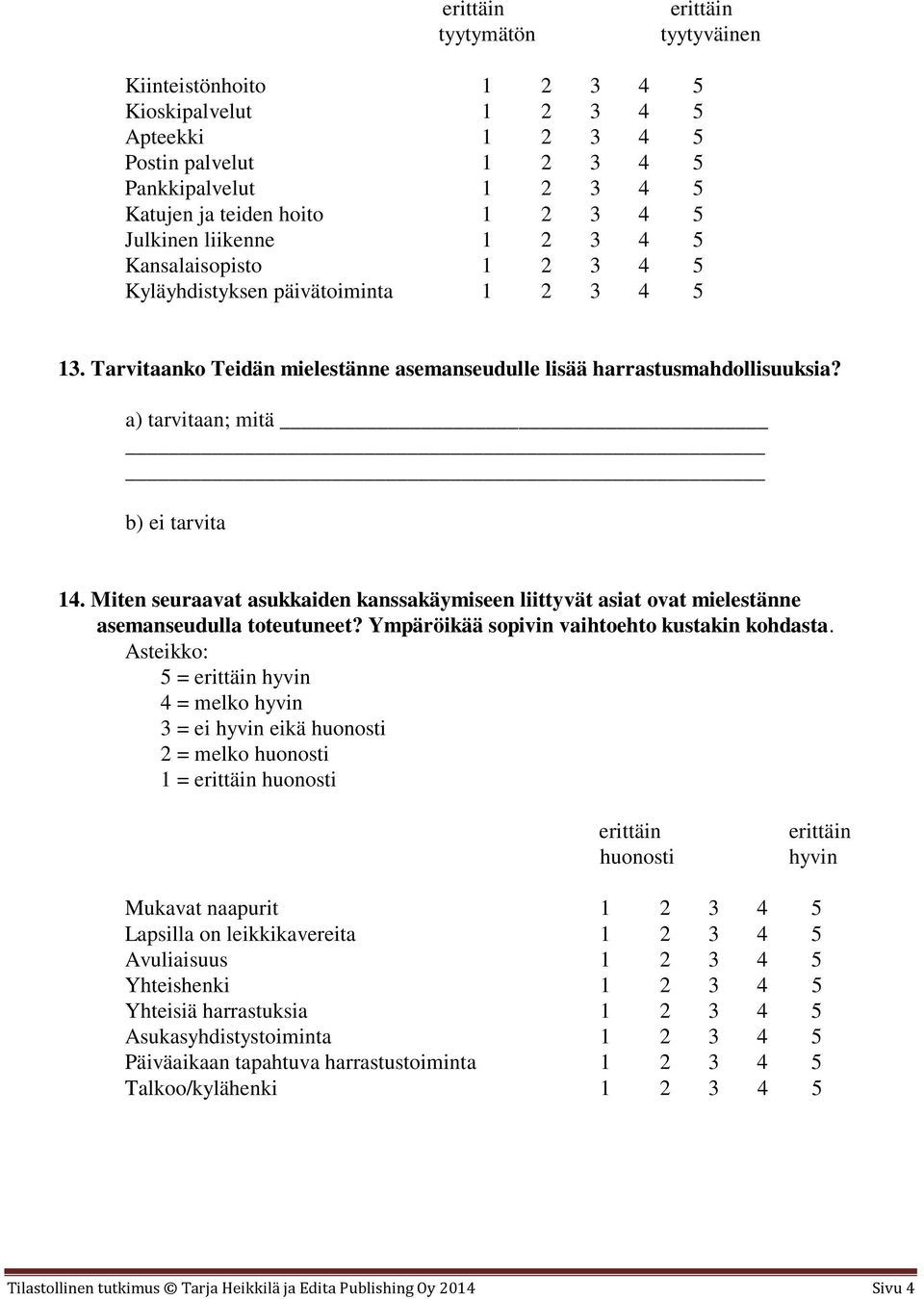 Miten seuraavat asukkaiden kanssakäymiseen liittyvät asiat ovat mielestänne asemanseudulla toteutuneet? Ympäröikää sopivin vaihtoehto kustakin kohdasta.