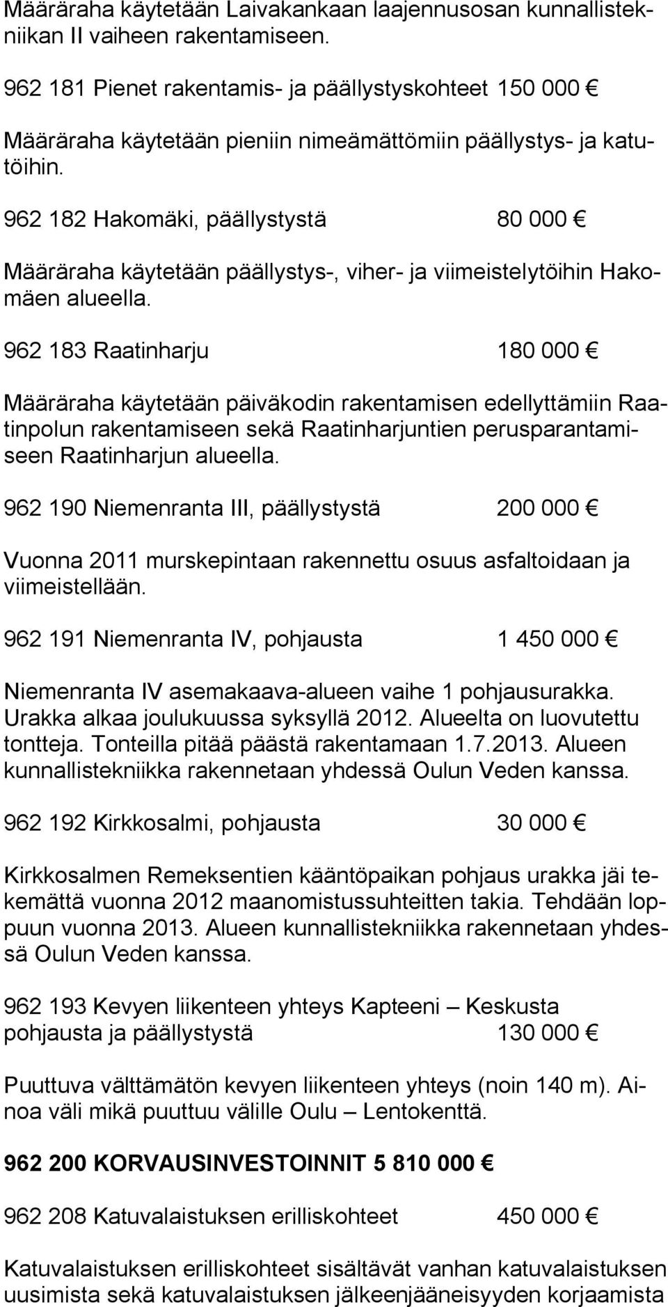 962 182 Hakomäki, päällystystä 80 000 Määräraha käytetään päällystys-, viher- ja viimeistelytöihin Hakomäen alueella.