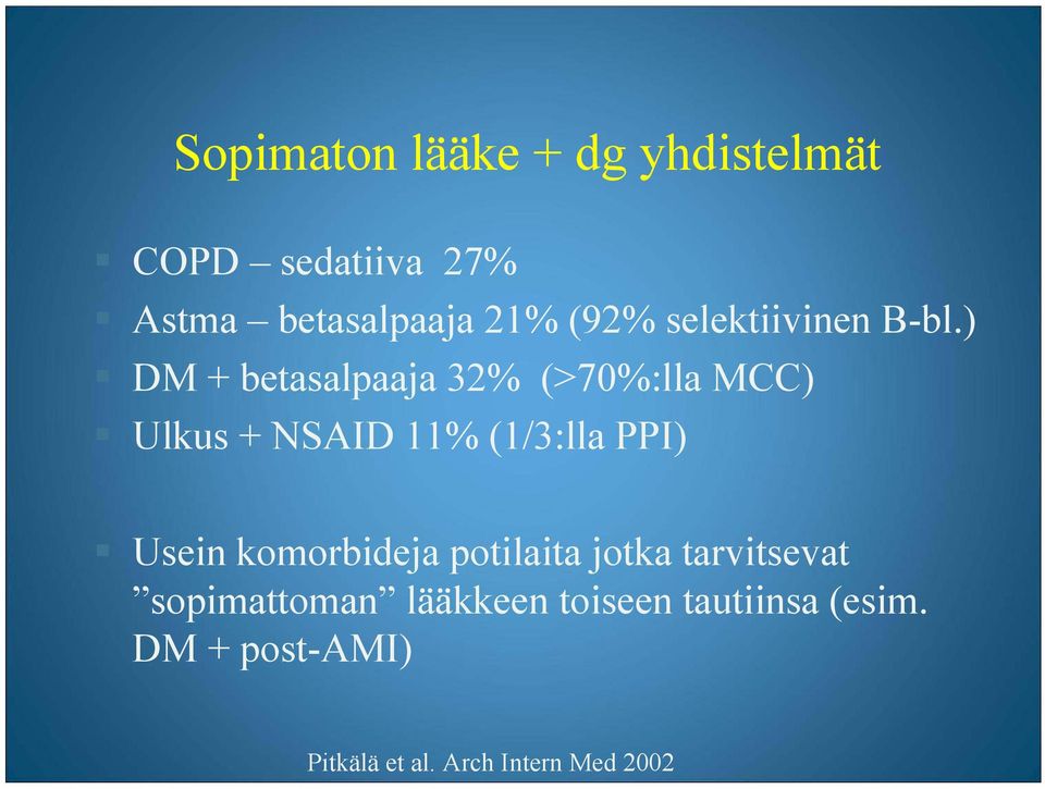 ) DM + betasalpaaja 32% (>70%:lla MCC) Ulkus + NSAID 11% (1/3:lla PPI) Usein