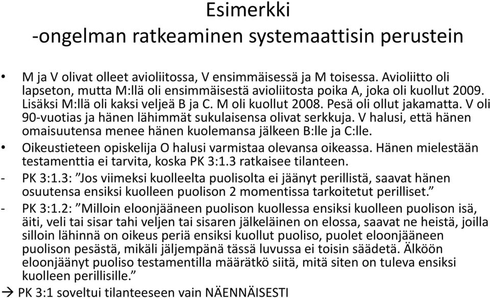 V oli 90-vuotias ja hänen lähimmät sukulaisensa olivat serkkuja. V halusi, että hänen omaisuutensa menee hänen kuolemansa jälkeen B:lle ja C:lle.