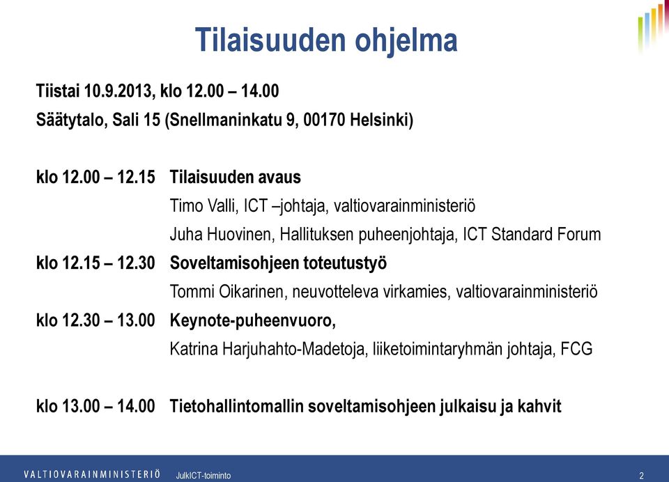 15 12.30 Soveltamisohjeen toteutustyö Tommi Oikarinen, neuvotteleva virkamies, valtiovarainministeriö klo 12.30 13.