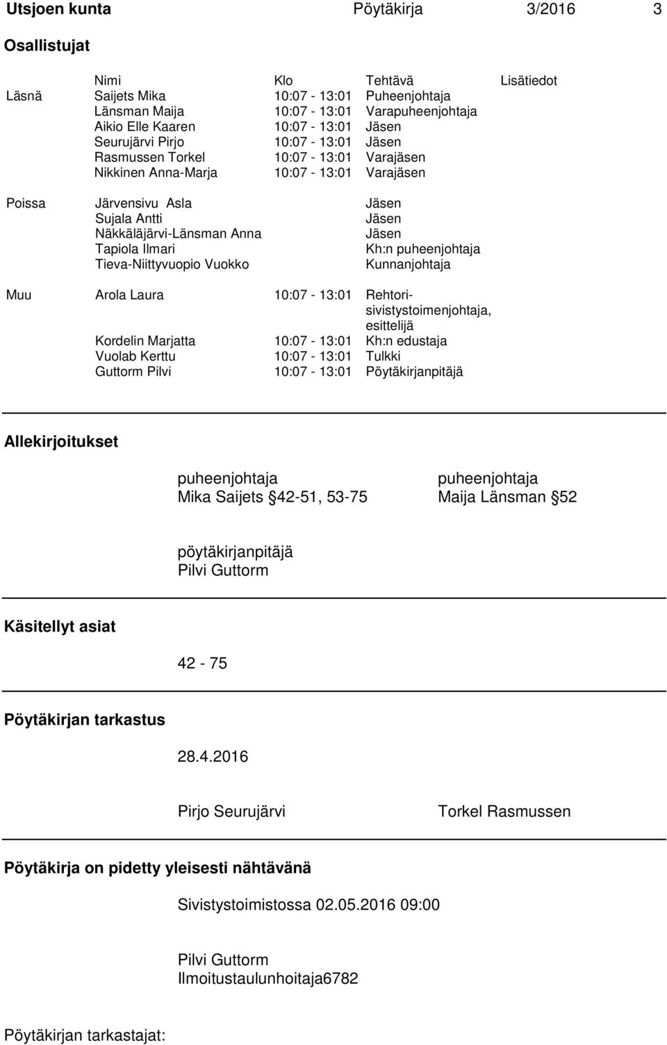 Tapiola Ilmari Kh:n puheenjohtaja Tieva-Niittyvuopio Vuokko Kunnanjohtaja Muu Arola Laura 10:07-13:01 Rehtorisivistystoimenjohtaja, esittelijä Kordelin Marjatta 10:07-13:01 Kh:n edustaja Vuolab