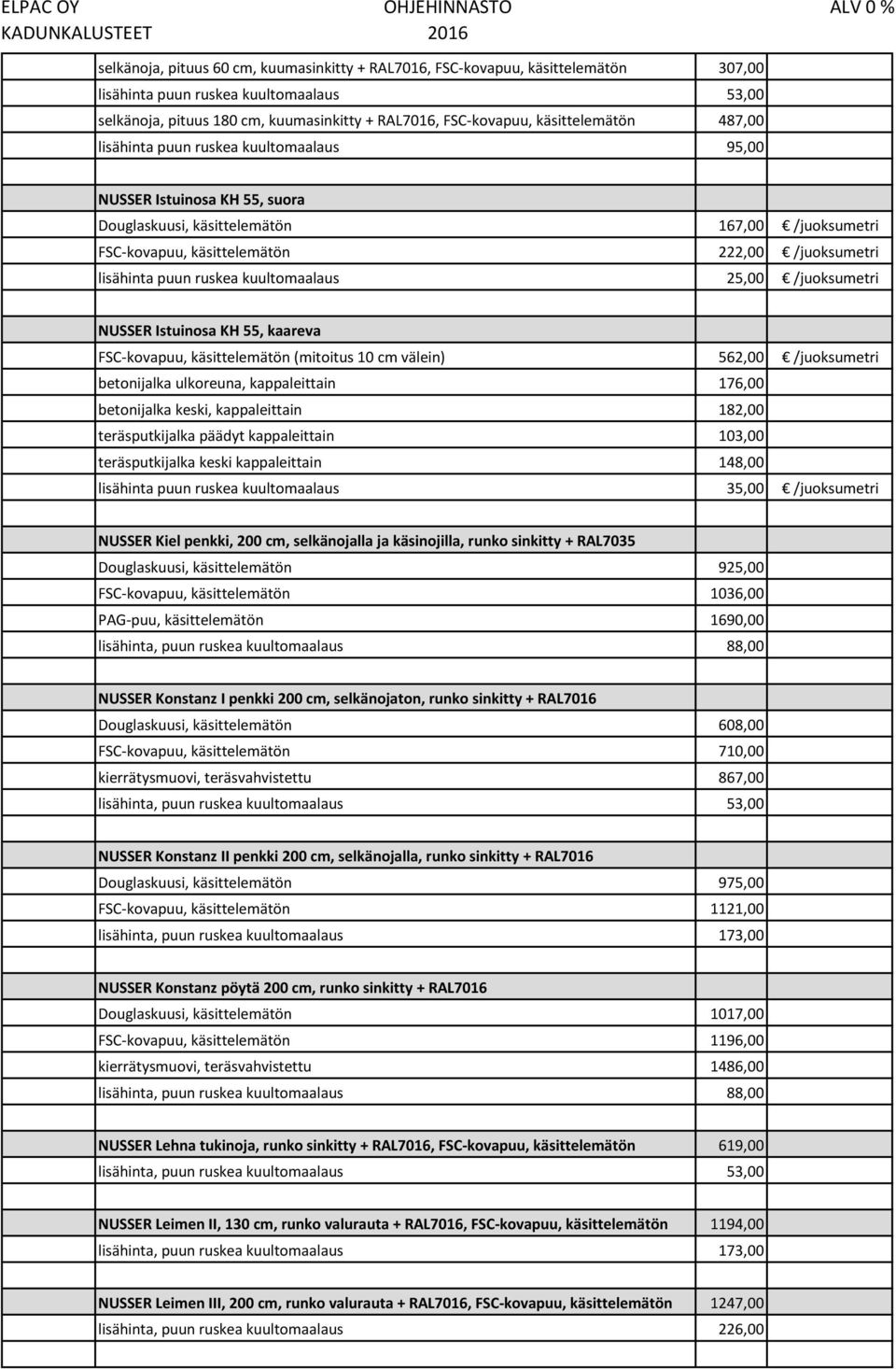 lisähinta puun ruskea kuultomaalaus 25,00 /juoksumetri NUSSER Istuinosa KH 55, kaareva FSC-kovapuu, käsittelemätön (mitoitus 10 cm välein) 562,00 /juoksumetri betonijalka ulkoreuna, kappaleittain