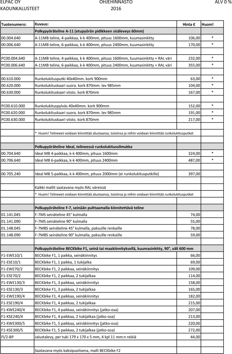 640 A-11MB teline, 6-paikkaa, k-k 400mm, pituus 2400mm, kuumasinkitty + RAL väri 355,00 * 00.610.000 Runkolukitusputki 40x40mm. kork 900mm 63,00 * 00.620.000 Runkolukituskaari suora. kork 870mm.