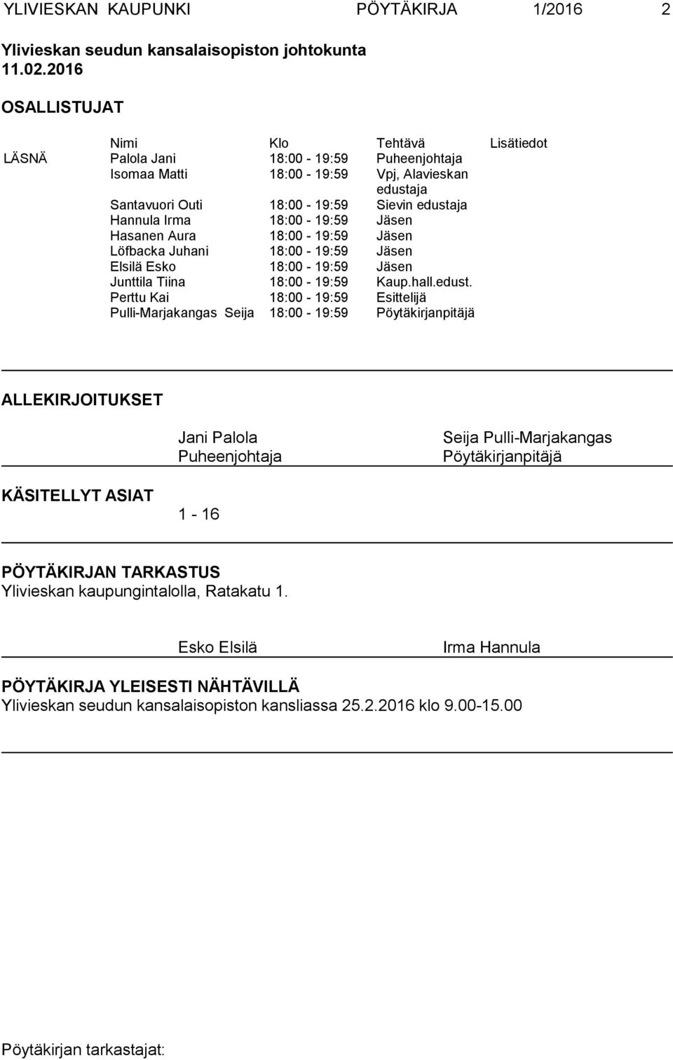 Hannula Irma 18:00-19:59 Jäsen Hasanen Aura 18:00-19:59 Jäsen Löfbacka Juhani 18:00-19:59 Jäsen Elsilä Esko 18:00-19:59 Jäsen Junttila Tiina 18:00-19:59 Kaup.hall.edust.