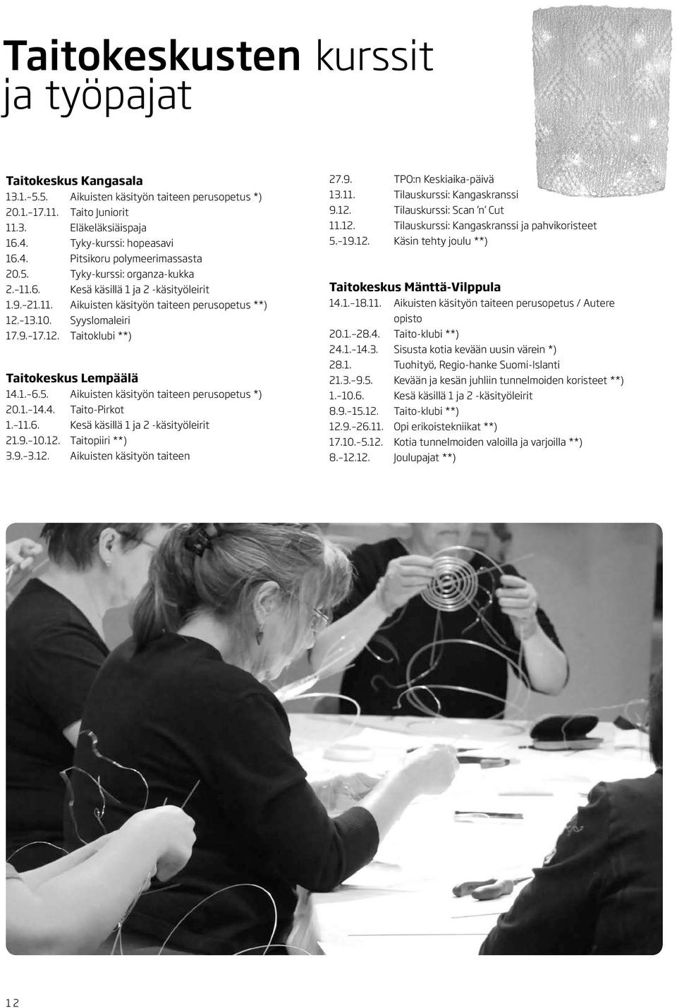 1. 6.5. Aikuisten käsityön taiteen perusopetus *) 20.1. 14.4. Taito-Pirkot 1. 11.6. Kesä käsillä 1 ja 2 -käsityöleirit 21.9. 10.12. Taitopiiri **) 3.9. 3.12. Aikuisten käsityön taiteen 27.9. TPO:n Keskiaika-päivä 13.