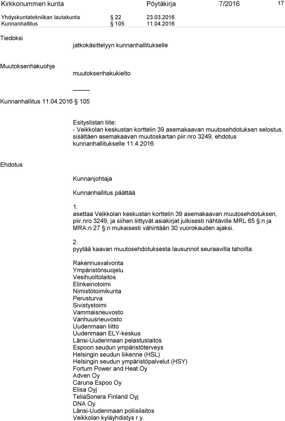 2016 105 Esityslistan liite: - Veikkolan keskustan korttelin 39 asemakaavan muutosehdotuksen selostus, sisältäen asemakaavan muutoskartan piir.nro 3249