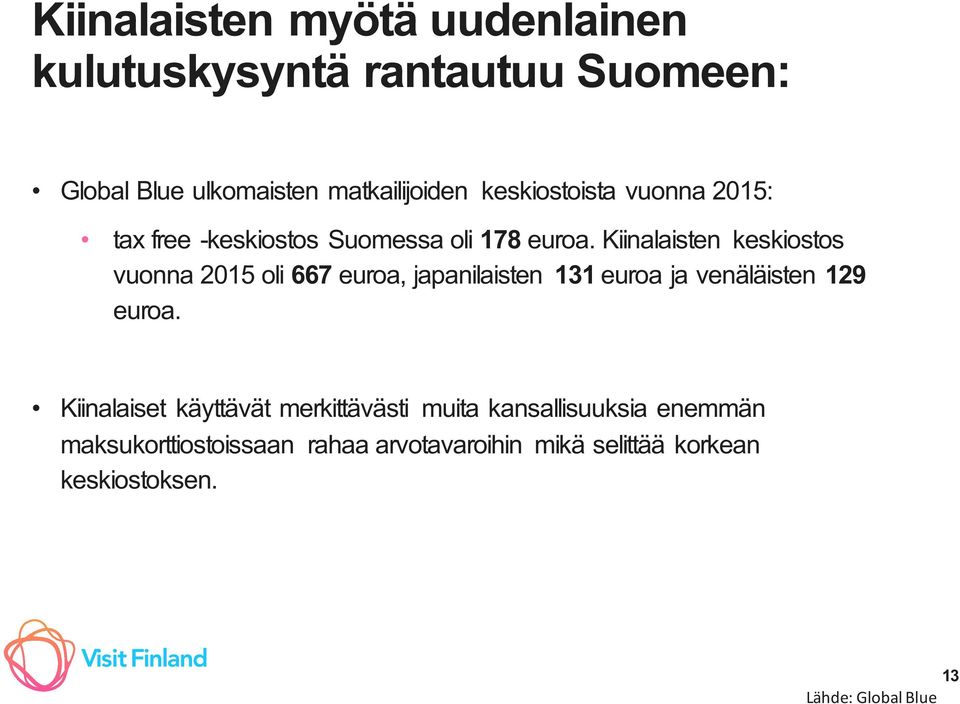 Kiinalaisten keskiostos vuonna 2015 oli 667 euroa, japanilaisten 131 euroa ja venäläisten 129 euroa.