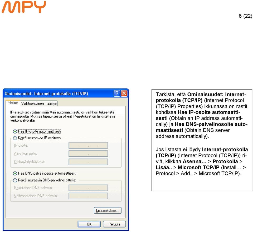 automaattisesti (Obtain DNS server address automatically).