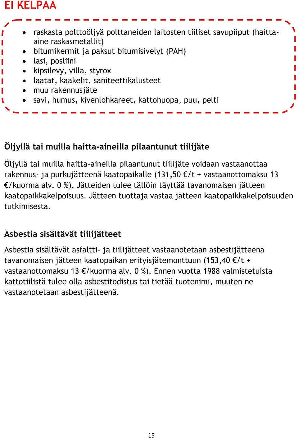 pilaantunut tiilijäte voidaan vastaanottaa rakennus- ja purkujätteenä kaatopaikalle (131,50 /t + vastaanottomaksu 13 /kuorma alv. 0 %).