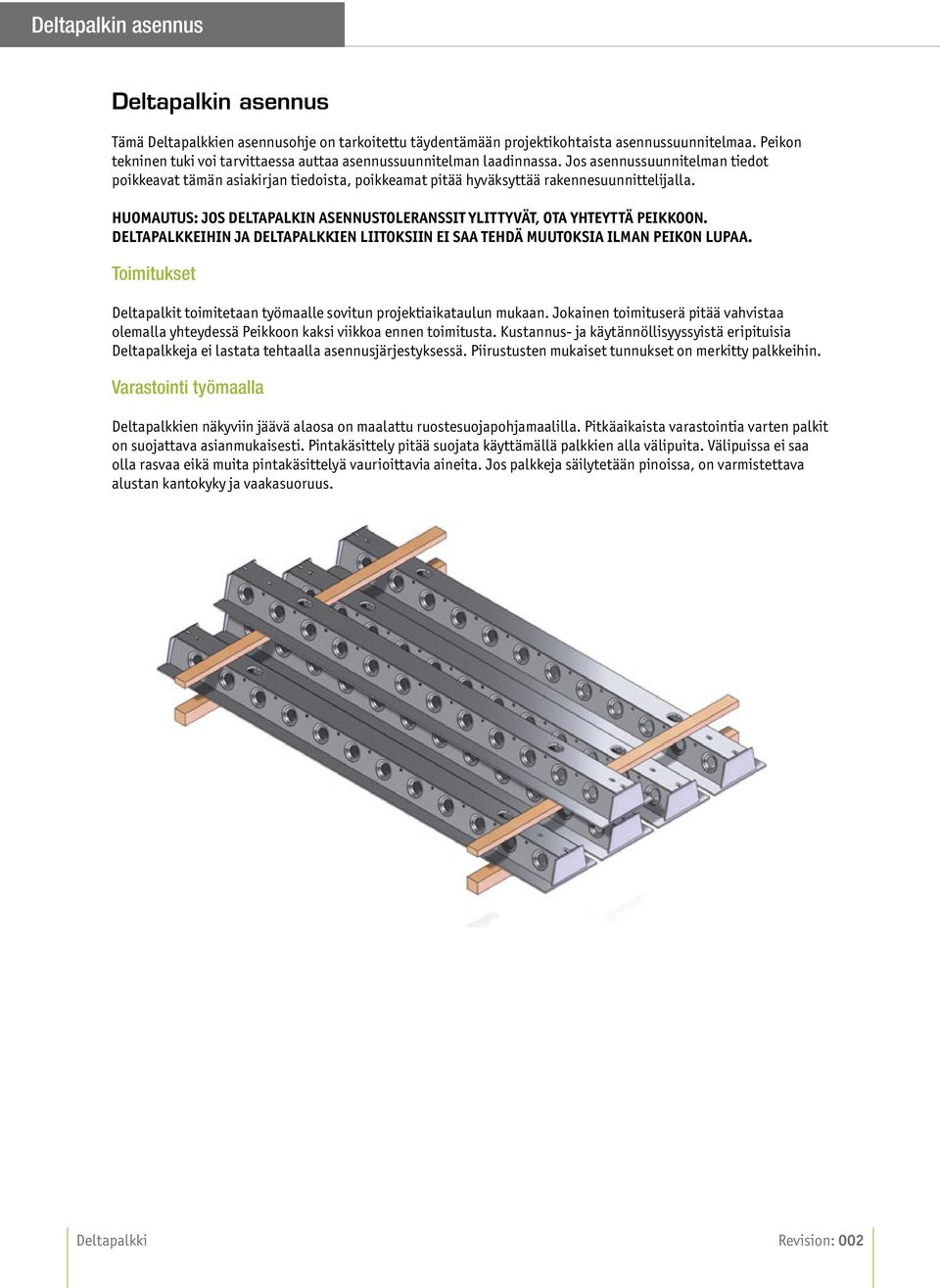 HUOMAUTUS: JOS DELTAPALKIN ASENNUSTOLERANSSIT YLITTYVÄT, OTA YHTEYTTÄ PEIKKOON. DELTAPALKKEIHIN JA DELTAPALKKIEN LIITOKSIIN EI SAA TEHDÄ MUUTOKSIA ILMAN PEIKON LUPAA.