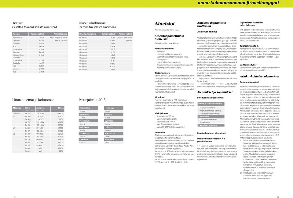 Hinnat teemat ja kokoomat sivu 5 x 365 254 x 365 1 283,00 1/2 5 x 180 254 x 180 651,00 2 x 365 99 x 365 515,00 5 x 134 254 x 134 485,00 3 x 180 150 x 180 387,00 1/4 5 x 88 254 x 88 331,00 3 x 134 150