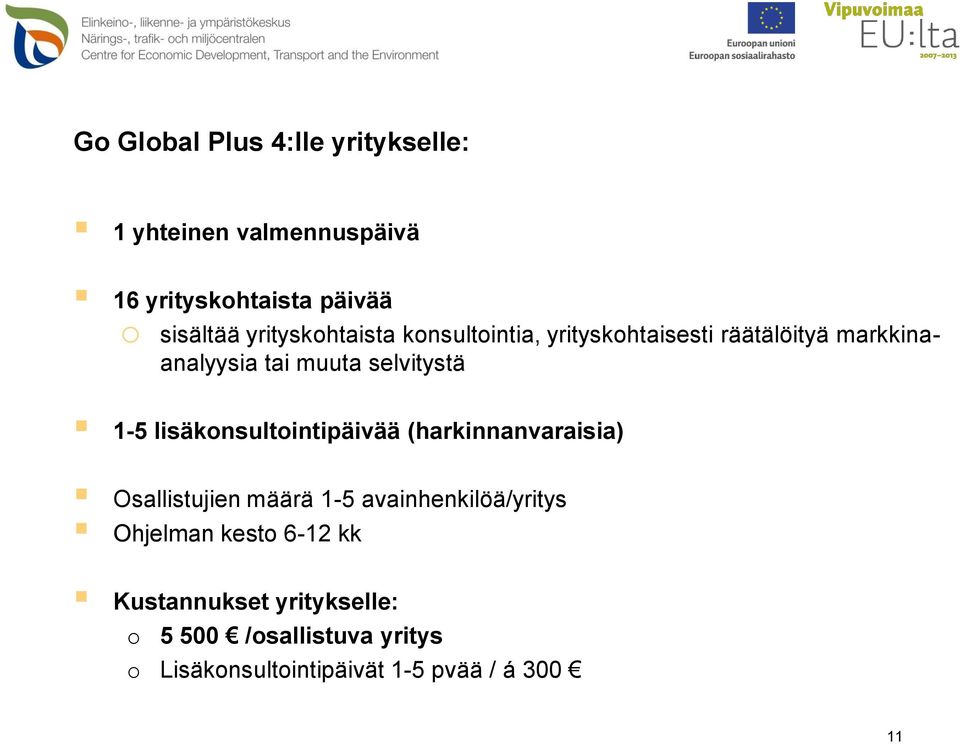 1-5 lisäkonsultointipäivää (harkinnanvaraisia) Osallistujien määrä 1-5 avainhenkilöä/yritys Ohjelman