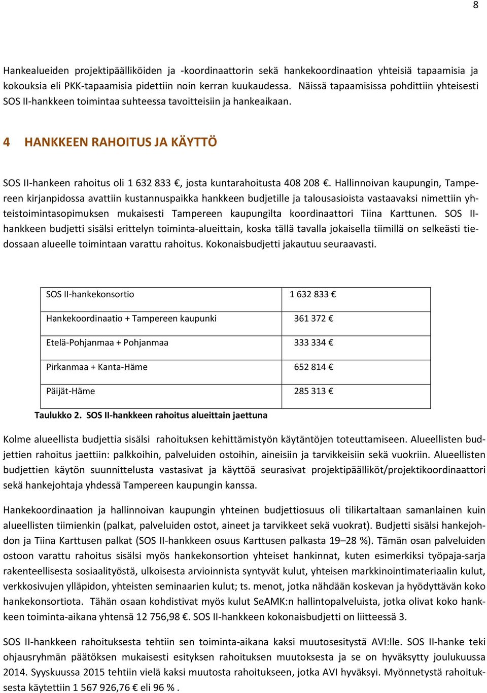 4 HANKKEEN RAHOITUS JA KÄYTTÖ SOS II-hankeen rahoitus oli 1 632 833, josta kuntarahoitusta 408 208.