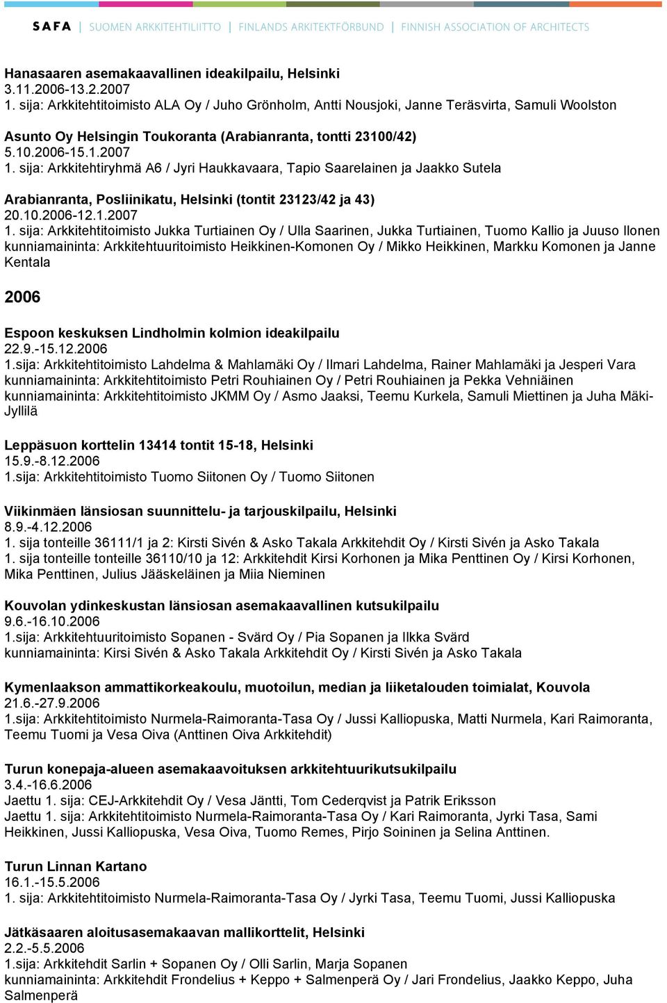 sija: Arkkitehtiryhmä A6 / Jyri Haukkavaara, Tapio Saarelainen ja Jaakko Sutela Arabianranta, Posliinikatu, Helsinki (tontit 23123/42 ja 43) 20.10.2006-12.1.2007 1.