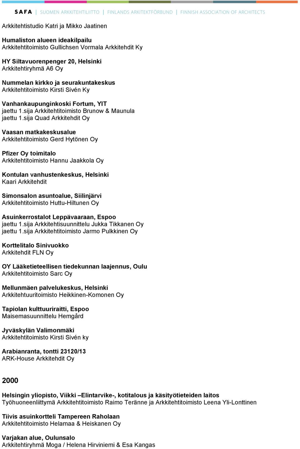 sija Quad Arkkitehdit Oy Vaasan matkakeskusalue Arkkitehtitoimisto Gerd Hytönen Oy Pfizer Oy toimitalo Arkkitehtitoimisto Hannu Jaakkola Oy Kontulan vanhustenkeskus, Helsinki Kaari Arkkitehdit