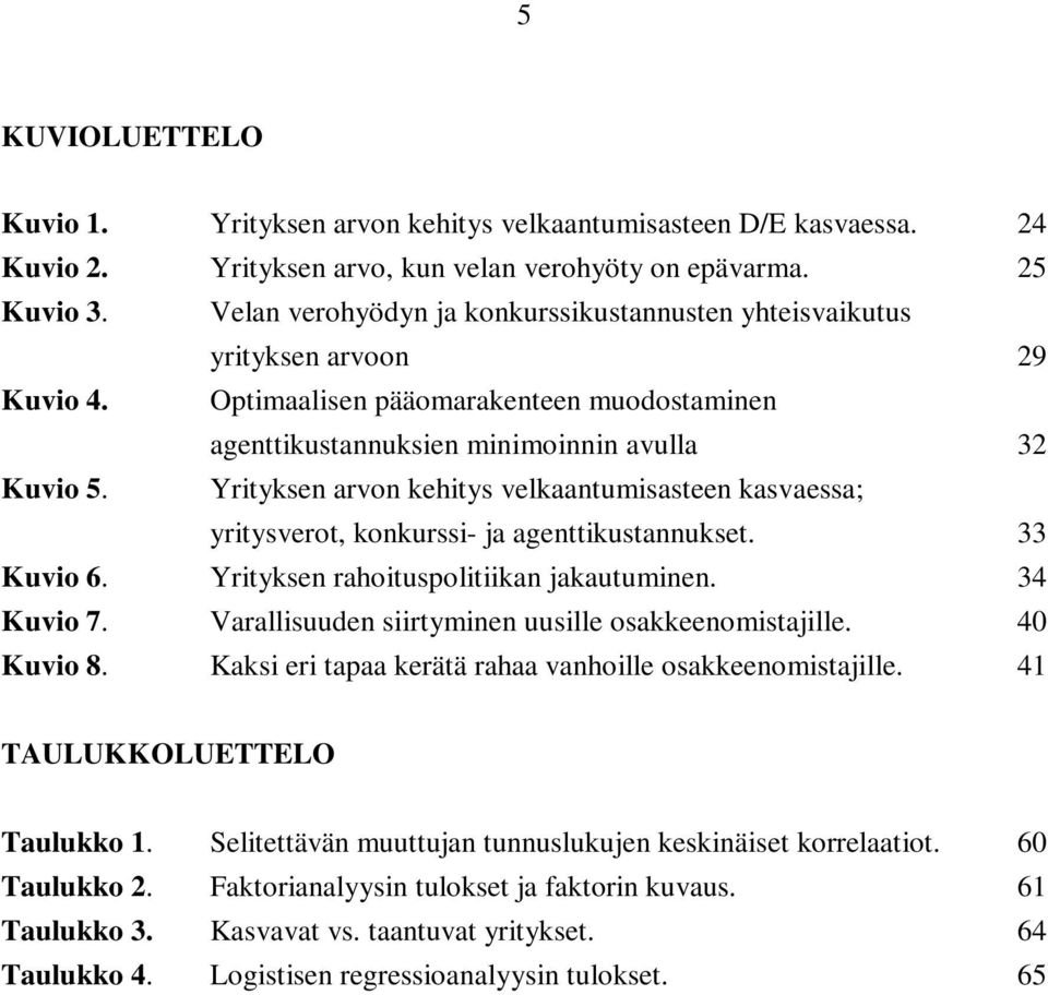 Yrityksen arvon kehitys velkaantumisasteen kasvaessa; yritysverot, konkurssi- ja agenttikustannukset. 33 Kuvio 6. Yrityksen rahoituspolitiikan jakautuminen. 34 Kuvio 7.