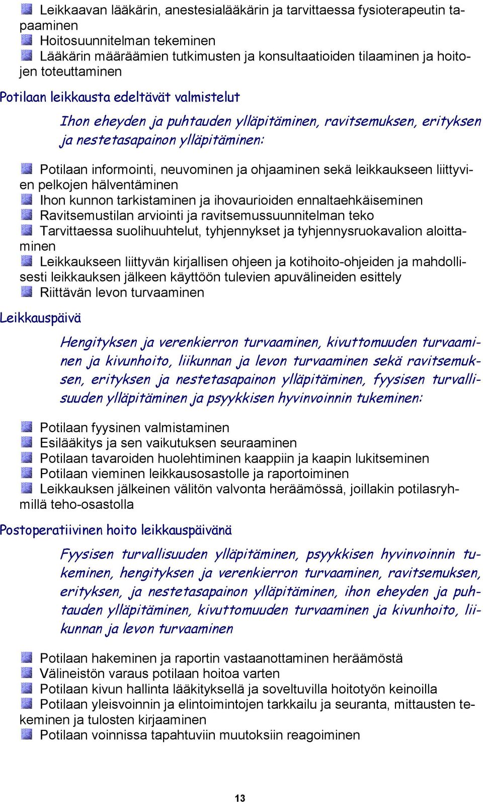 leikkaukseen liittyvien pelkojen hälventäminen Ihon kunnon tarkistaminen ja ihovaurioiden ennaltaehkäiseminen Ravitsemustilan arviointi ja ravitsemussuunnitelman teko Tarvittaessa suolihuuhtelut,