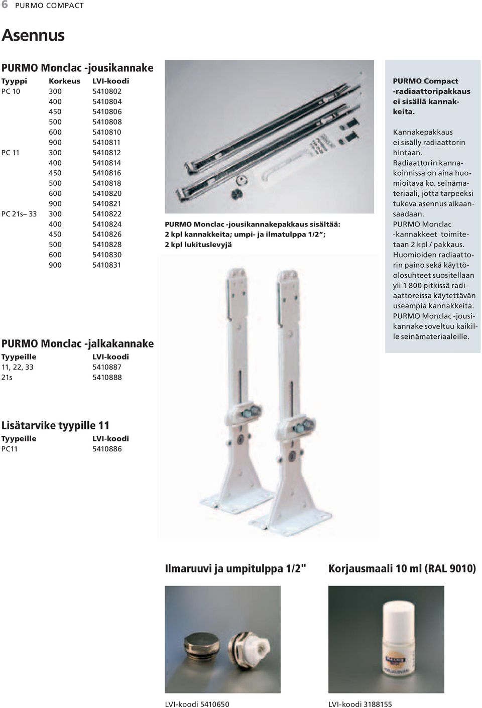 PURMO Monclac -jousikannakepakkaus sisältää: 2 kpl kannakkeita; umpi- ja ilmatulppa 1/2 ; 2 kpl lukituslevyjä PURMO Compact -radiaattoripakkaus ei sisällä kannakkeita.