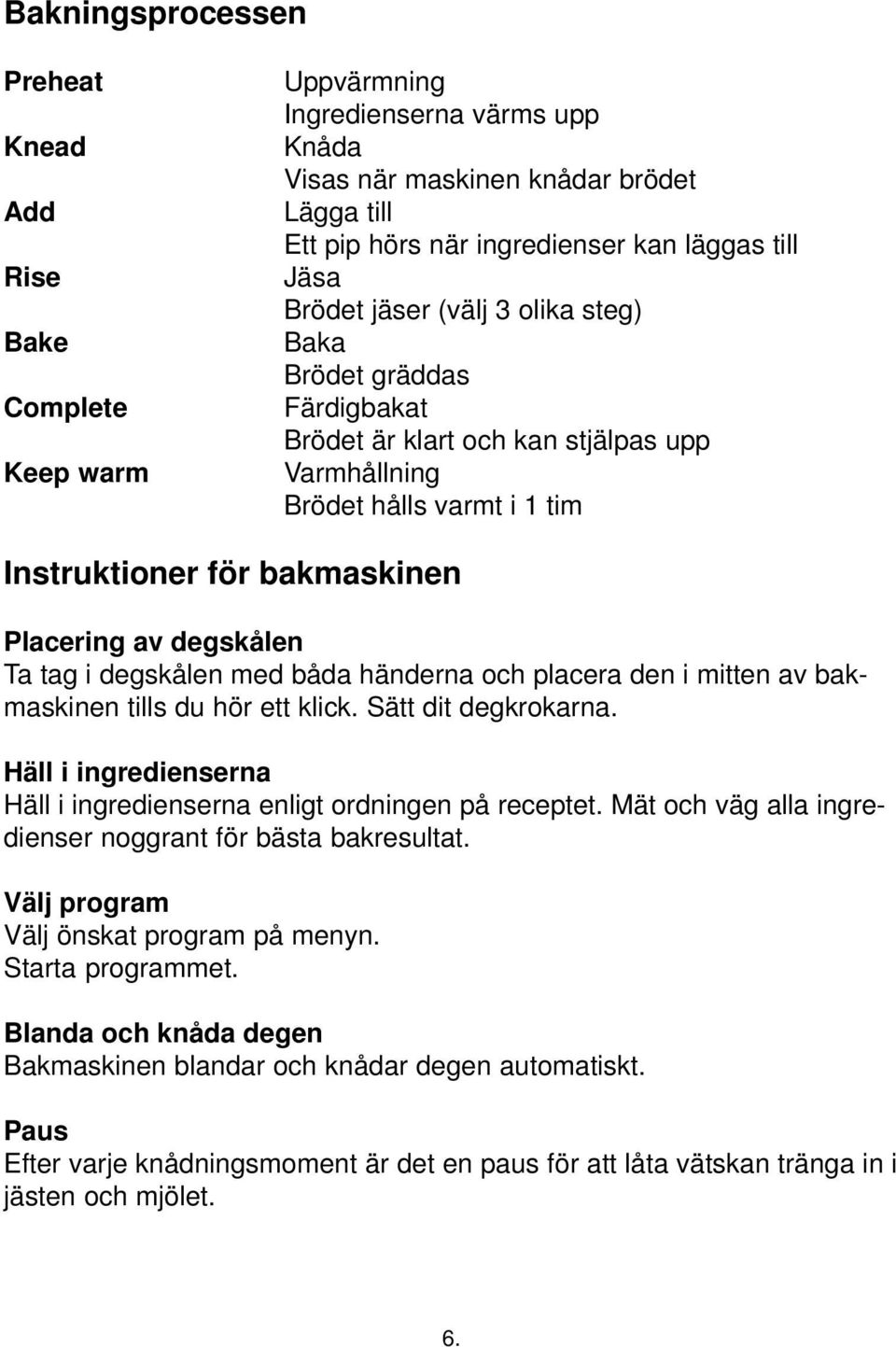 Ta tag i degskålen med båda händerna och placera den i mitten av bakmaskinen tills du hör ett klick. Sätt dit degkrokarna. Häll i ingredienserna Häll i ingredienserna enligt ordningen på receptet.