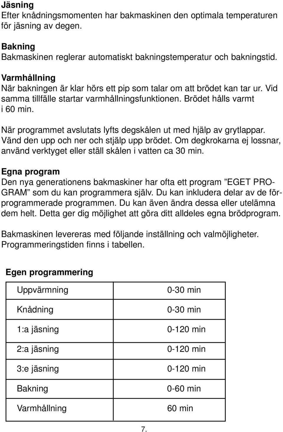 När programmet avslutats lyfts degskålen ut med hjälp av grytlappar. Vänd den upp och ner och stjälp upp brödet. Om degkrokarna ej lossnar, använd verktyget eller ställ skålen i vatten ca 30 min.