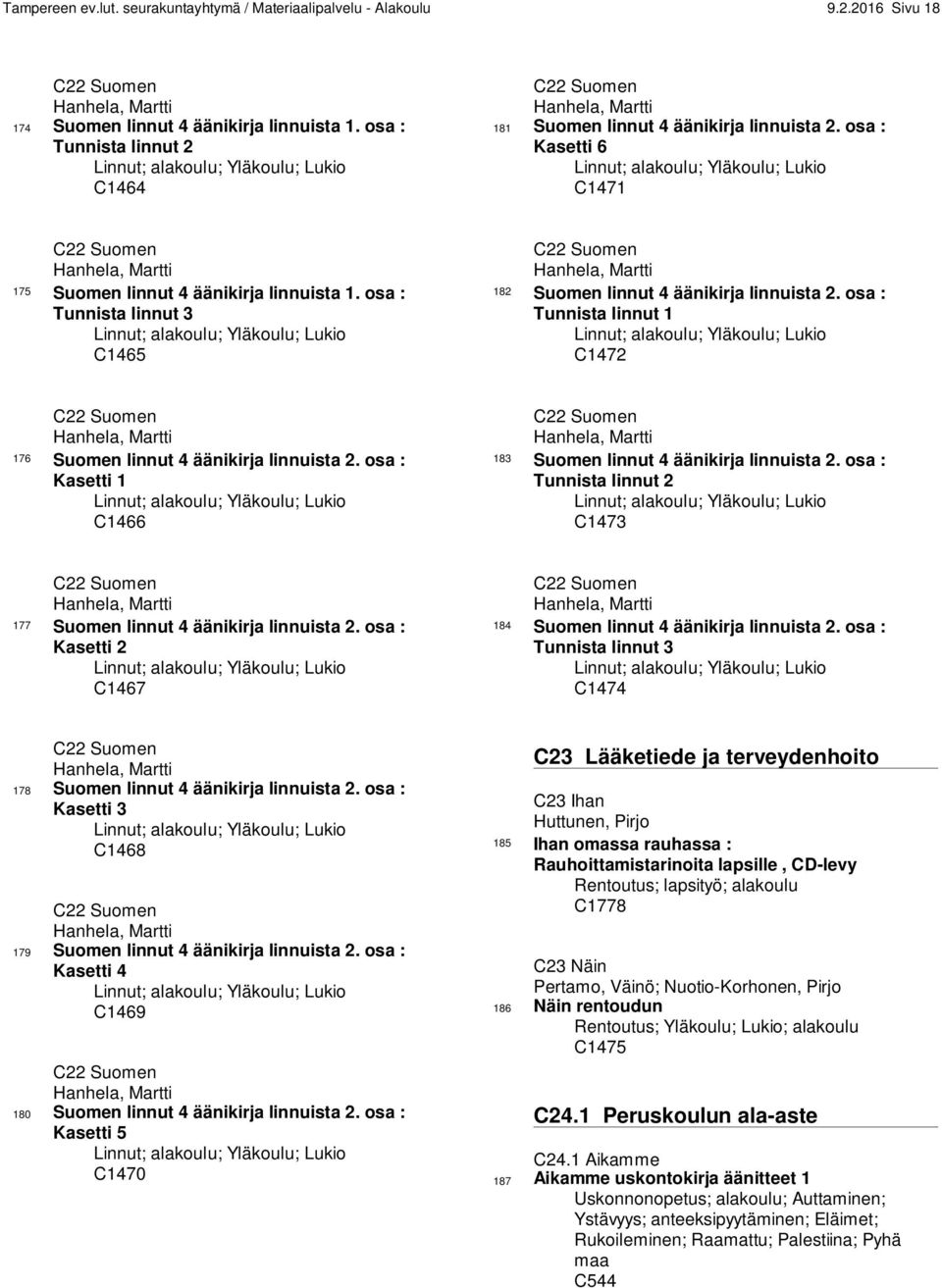 osa : Kasetti 6 Linnut; alakoulu; Yläkoulu; Lukio C1471 C22 Suomen Hanhela, Martti 175 Suomen linnut 4 äänikirja linnuista 1.