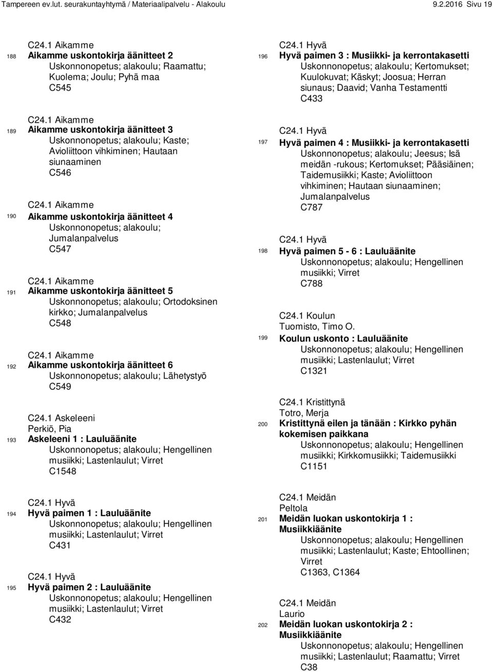 1 Aikamme 189 Aikamme uskontokirja äänitteet 3 Uskonnonopetus; alakoulu; Kaste; Avioliittoon vihkiminen; Hautaan siunaaminen C546 C24.