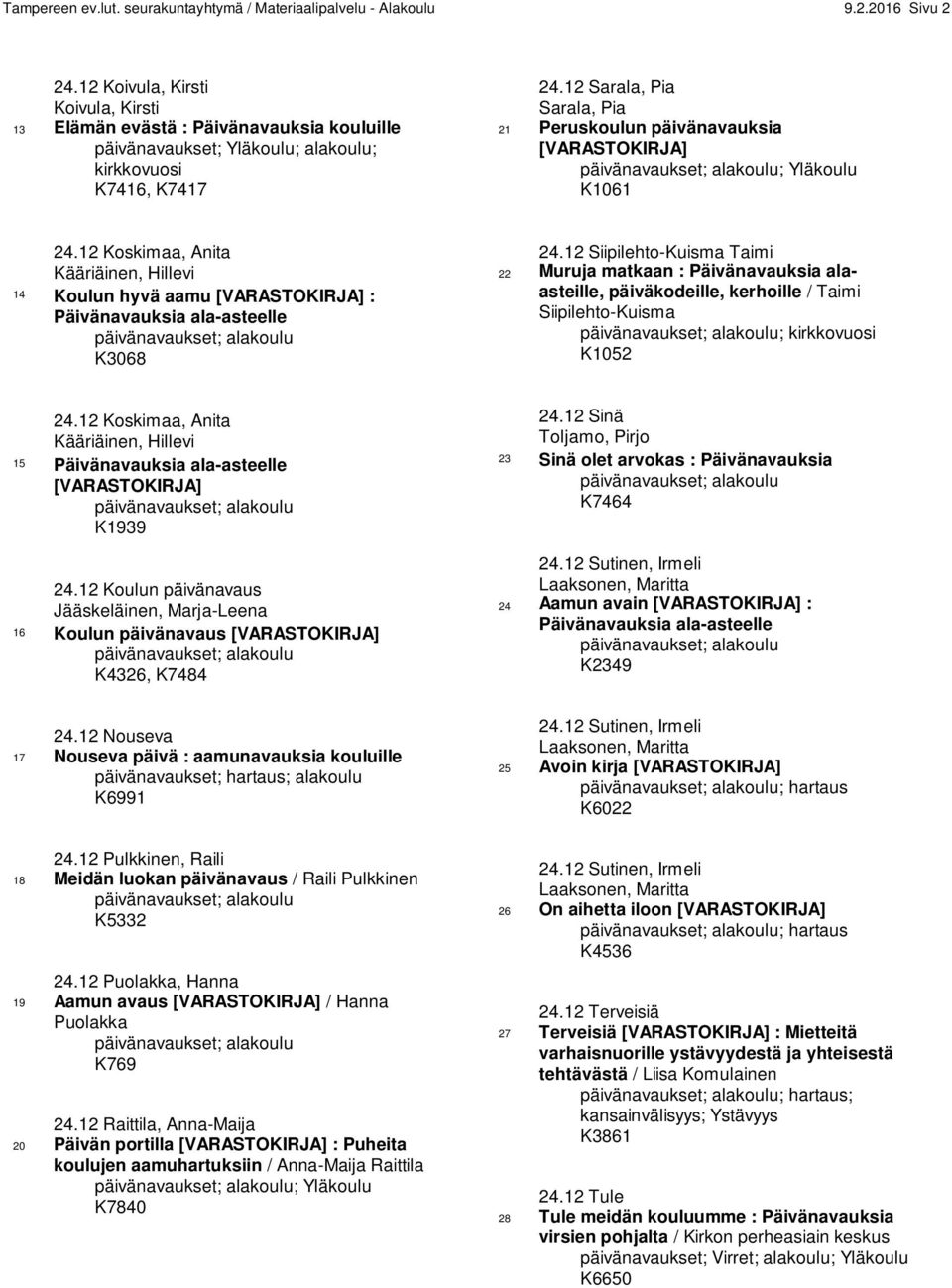 12 Sarala, Pia Sarala, Pia 21 Peruskoulun päivänavauksia [VARASTOKIRJA] päivänavaukset; alakoulu; Yläkoulu K1061 24.