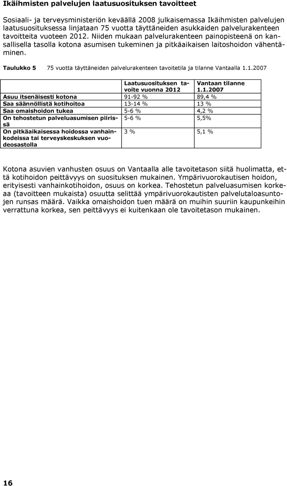 Taulukko 5 75 vuotta täyttäneiden palvelurakenteen tavoitetila ja tilanne Vantaalla 1.