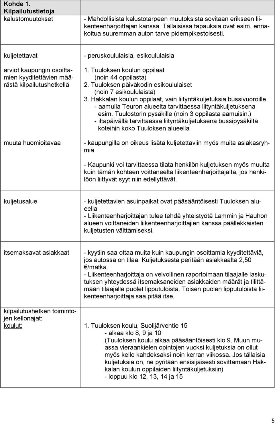 Tuuloksen koulun oppilaat (noin 44 oppilasta) 2. Tuuloksen päiväkodin esikoululaiset (noin 7 esikoululaista) 3.