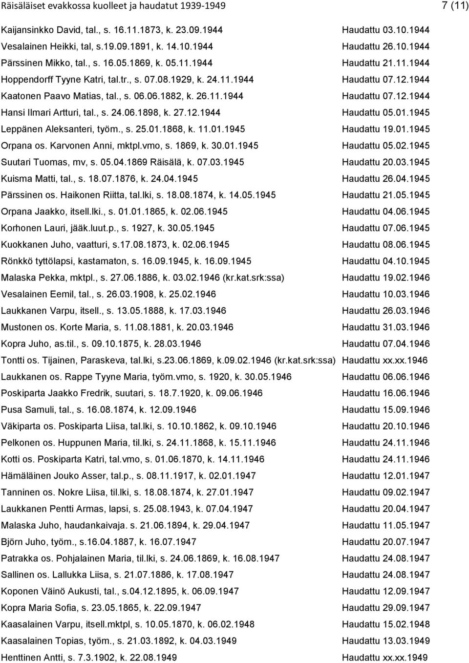 06.1882, k. 26.11.1944 Haudattu 07.12.1944 Hansi Ilmari Artturi, tal., s. 24.06.1898, k. 27.12.1944 Haudattu 05.01.1945 Leppänen Aleksanteri, työm., s. 25.01.1868, k. 11.01.1945 Haudattu 19.01.1945 Orpana os.