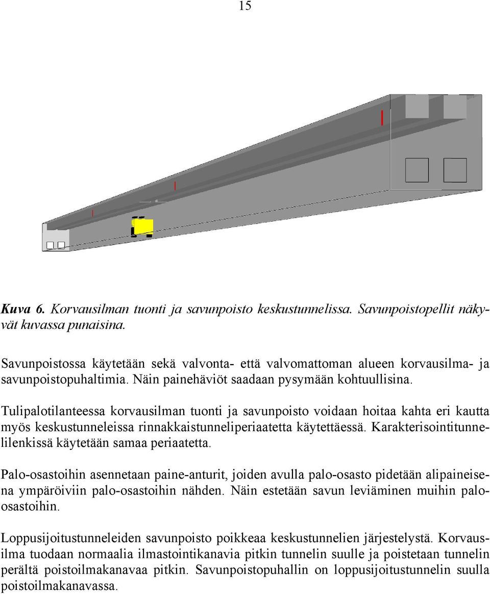 Tulipalotilanteessa korvausilman tuonti ja savunpoisto voidaan hoitaa kahta eri kautta myös keskustunneleissa rinnakkaistunneliperiaatetta käytettäessä.