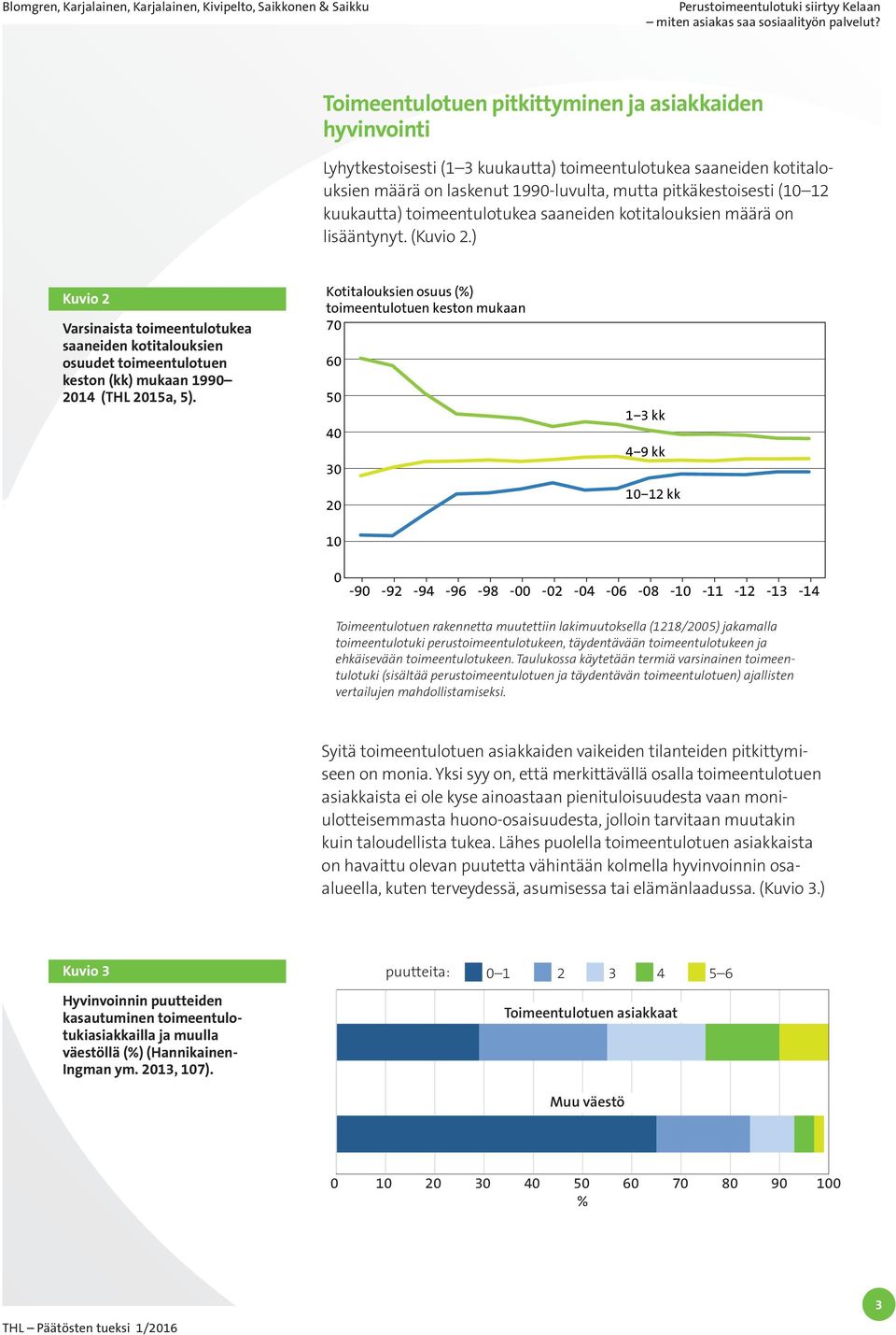 ) Kuvio 2 Varsinaista toimeentulotukea saaneiden kotitalouksien osuudet toimeentulotuen keston (kk) mukaan 1990 2014 (THL 2015a, 5).