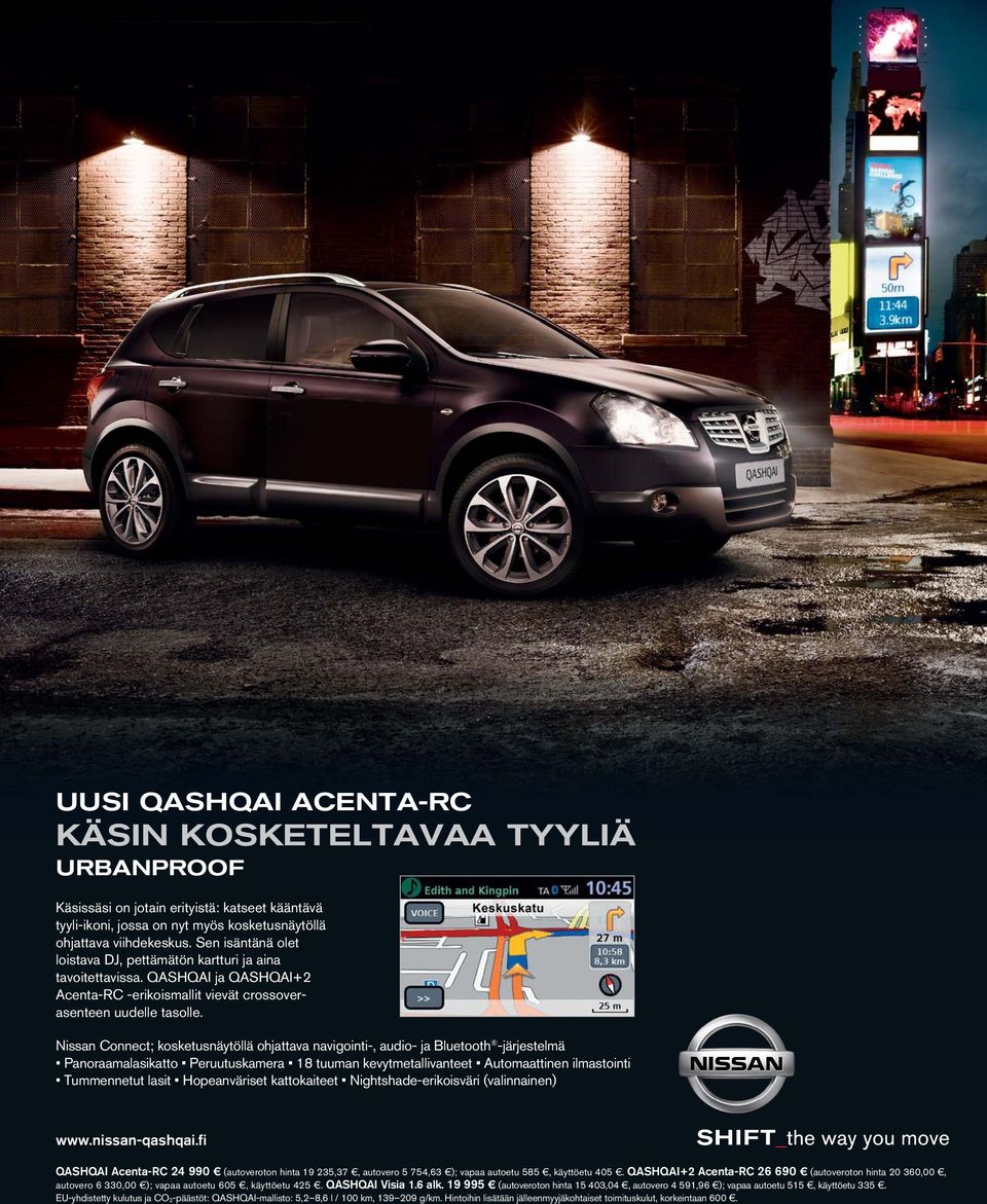 Nissan Connect; kosketusnäytöllä ohjattava navigointi-, audio- ja Bluetooth -järjestelmä Panoraamalasikatto Peruutuskamera 18 tuuman kevytmetallivanteet Automaattinen ilmastointi Tummennetut lasit