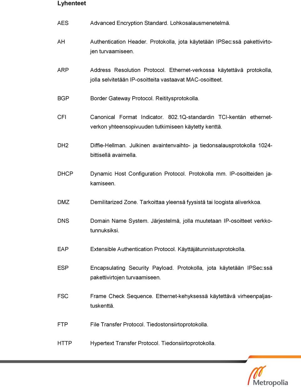 1Q-standardin TCI-kentän ethernetverkon yhteensopivuuden tutkimiseen käytetty kenttä. DH2 Diffie-Hellman. Julkinen avaintenvaihto- ja tiedonsalausprotokolla 1024- bittisellä avaimella.