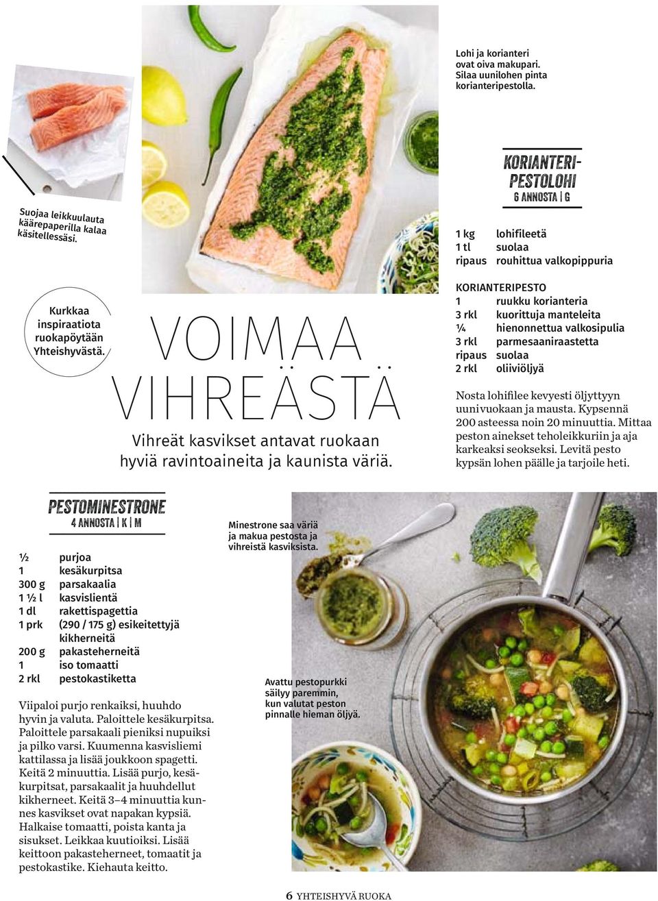 1 kg lohifileetä 1 tl suolaa ripaus rouhittua valkopippuria KORIANTERIPESTO 1 ruukku korianteria 3 rkl kuorittuja manteleita ¼ hienonnettua valkosipulia 3 rkl parmesaaniraastetta ripaus suolaa 2 rkl