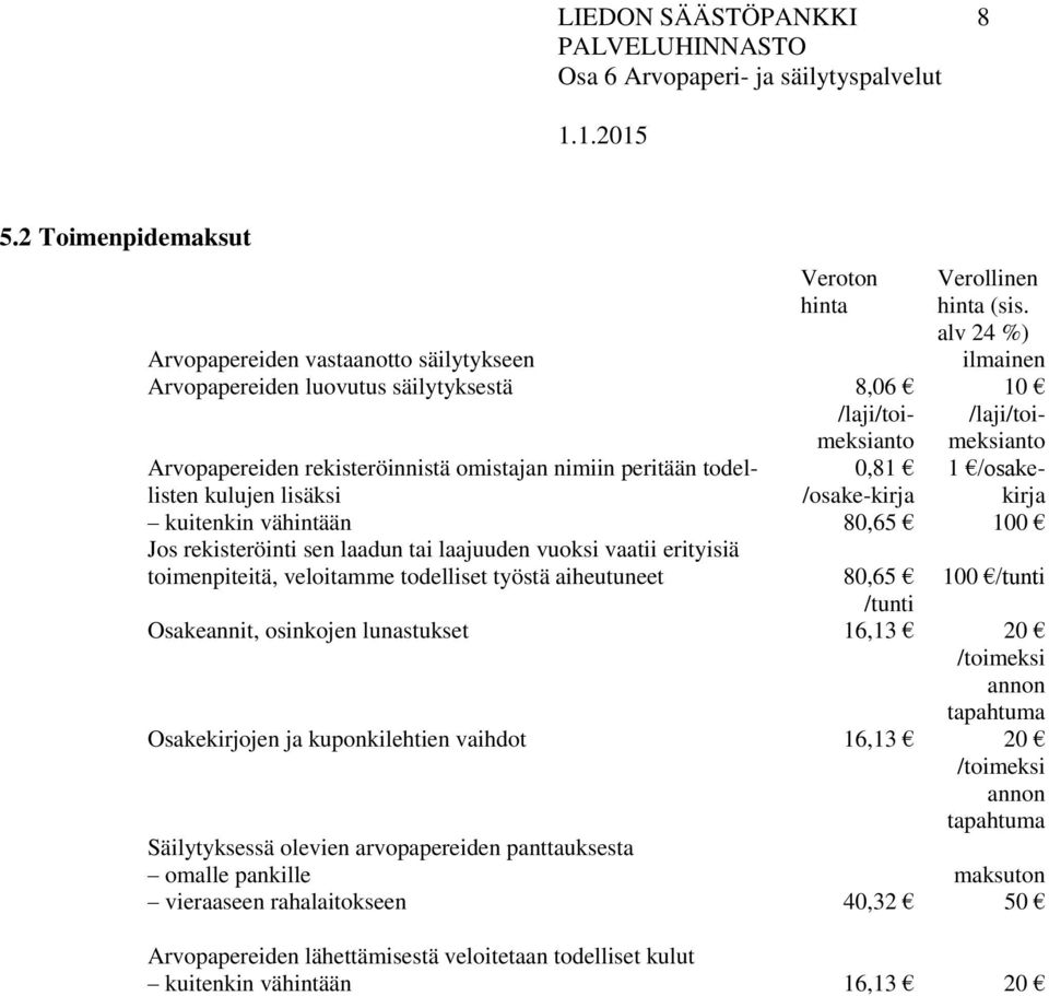 todellisten kulujen lisäksi 0,81 /osake-kirja 1 /osakekirja kuitenkin vähintään 80,65 100 Jos rekisteröinti sen laadun tai laajuuden vuoksi vaatii erityisiä toimenpiteitä, veloitamme todelliset