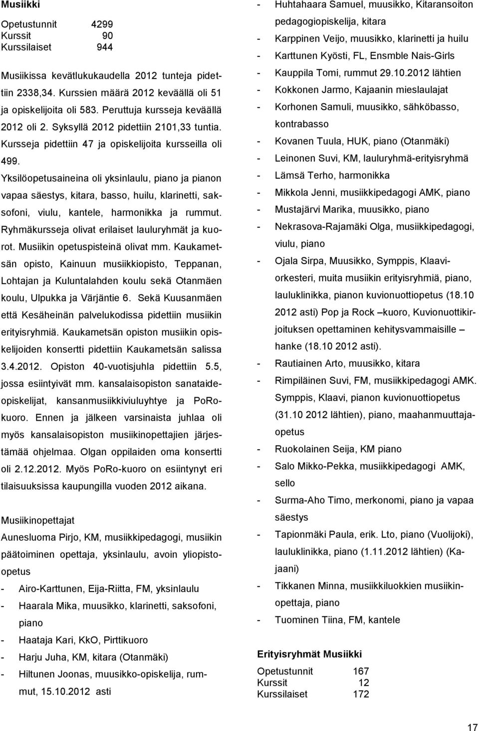 Yksilöopetusaineina oli yksinlaulu, piano ja pianon vapaa säestys, kitara, basso, huilu, klarinetti, saksofoni, viulu, kantele, harmonikka ja rummut.