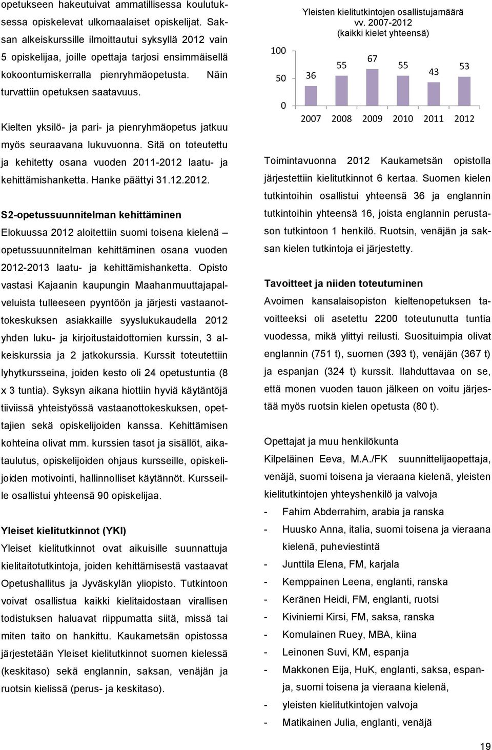 Kielten yksilö- ja pari- ja pienryhmäopetus jatkuu myös seuraavana lukuvuonna. Sitä on toteutettu ja kehitetty osana vuoden 2011-2012 