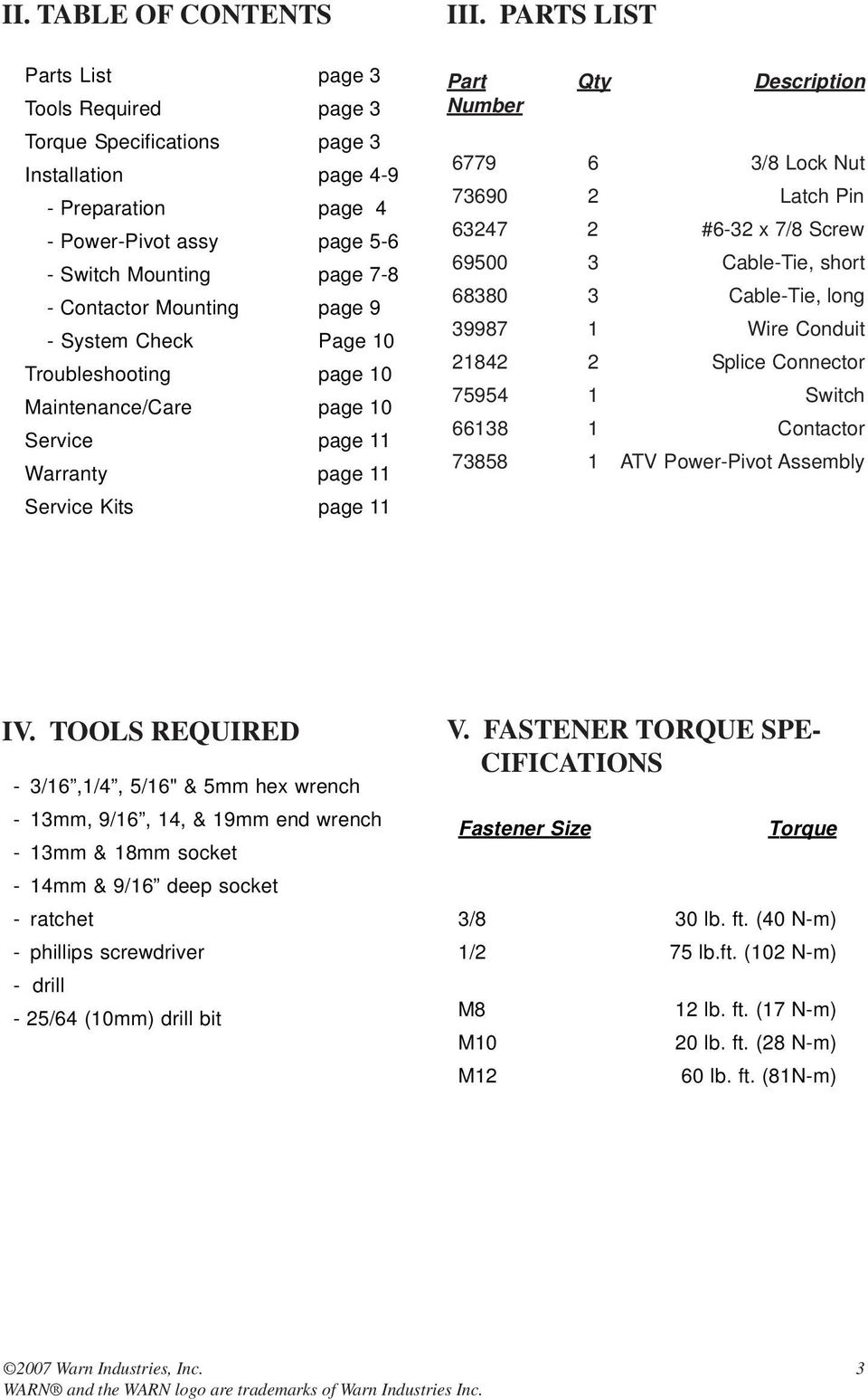 PARTS LIST Part Qty Description Number 6779 6 3/8 Lock Nut 73690 2 Latch Pin 63247 2 #6-32 x 7/8 Screw 69500 3 Cable-Tie, short 68380 3 Cable-Tie, long 39987 1 Wire Conduit 21842 2 Splice Connector