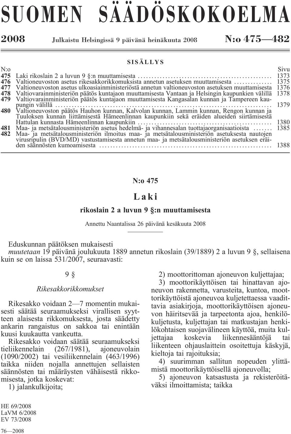 .. 1375 477 Valtioneuvoston asetus ulkoasiainministeriöstä annetun valtioneuvoston asetuksen muuttamisesta 1376 478 Valtiovarainministeriön päätös kuntajaon muuttamisesta Vantaan ja Helsingin