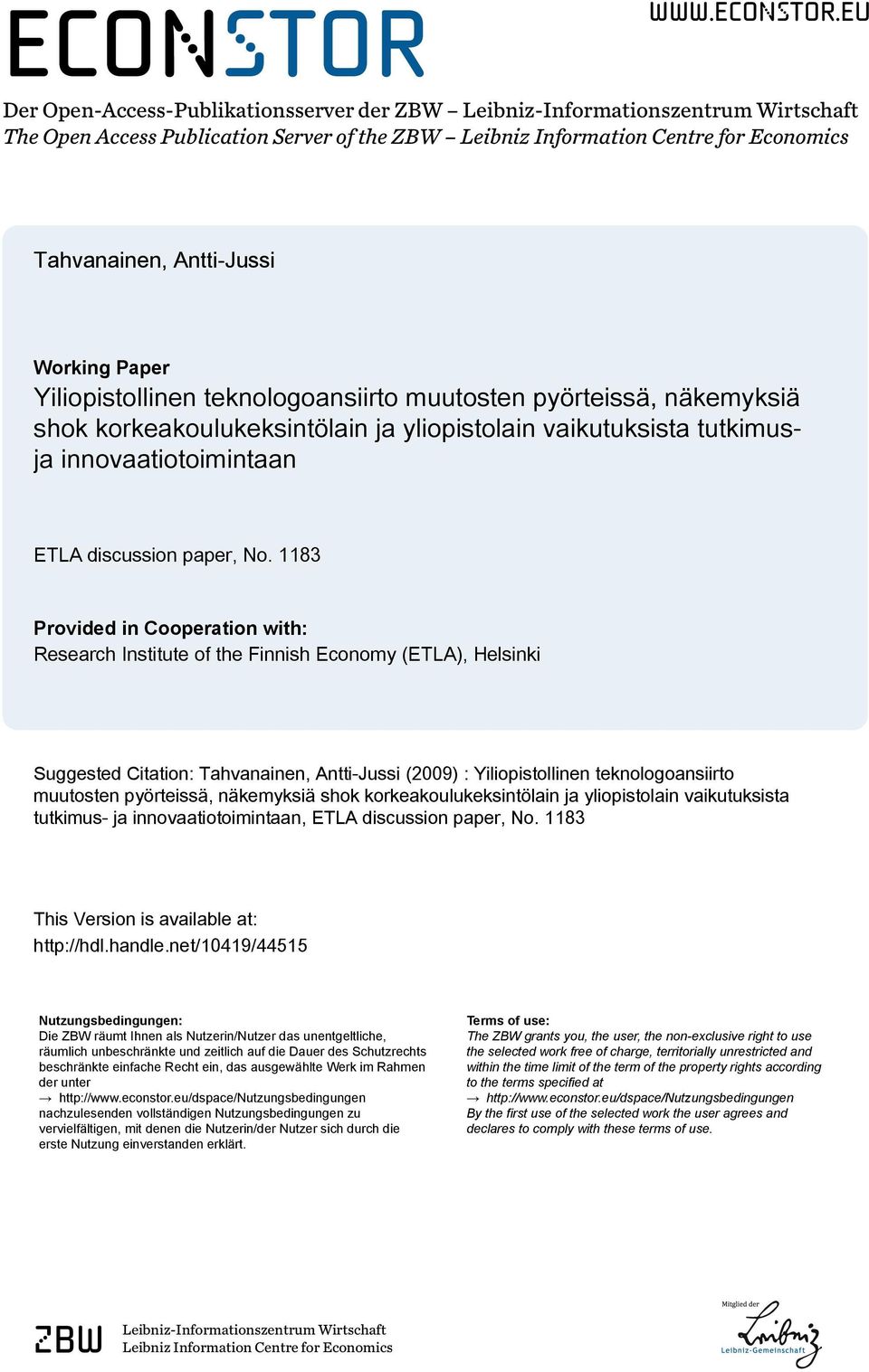 eu Der Open-Access-Publikationsserver der ZBW Leibniz-Informationszentrum Wirtschaft The Open Access Publication Server of the ZBW Leibniz Information Centre for Economics Tahvanainen, Antti-Jussi