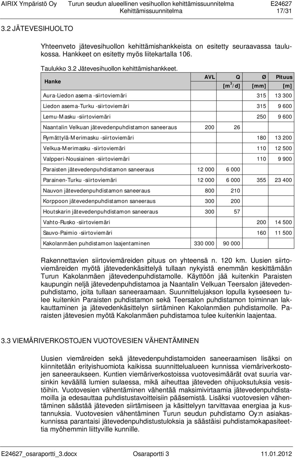 Hanke AVL Q Ø Pituus [m 3 /d] [mm] [m] Aura-Liedon asema -siirtoviemäri 315 13 300 Liedon asema-turku -siirtoviemäri 315 9 600 Lemu-Masku -siirtoviemäri 250 9 600 Naantalin Velkuan