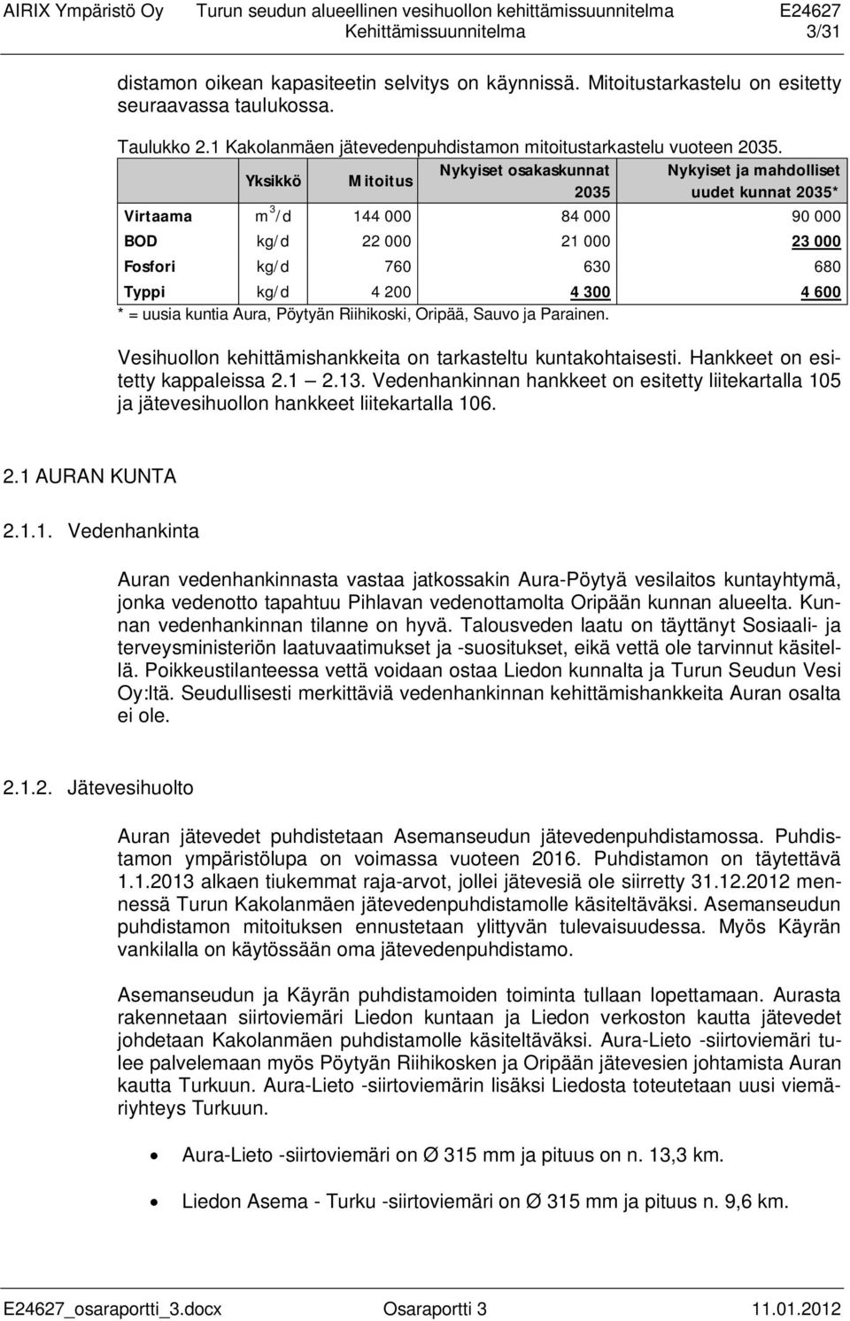 Yksikkö Mitoitus Nykyiset osakaskunnat Nykyiset ja mahdolliset 2035 uudet kunnat 2035* Virtaama m 3 /d 144 000 84 000 90 000 BOD kg/d 22 000 21 000 23 000 Fosfori kg/d 760 630 680 Typpi kg/d 4 200 4