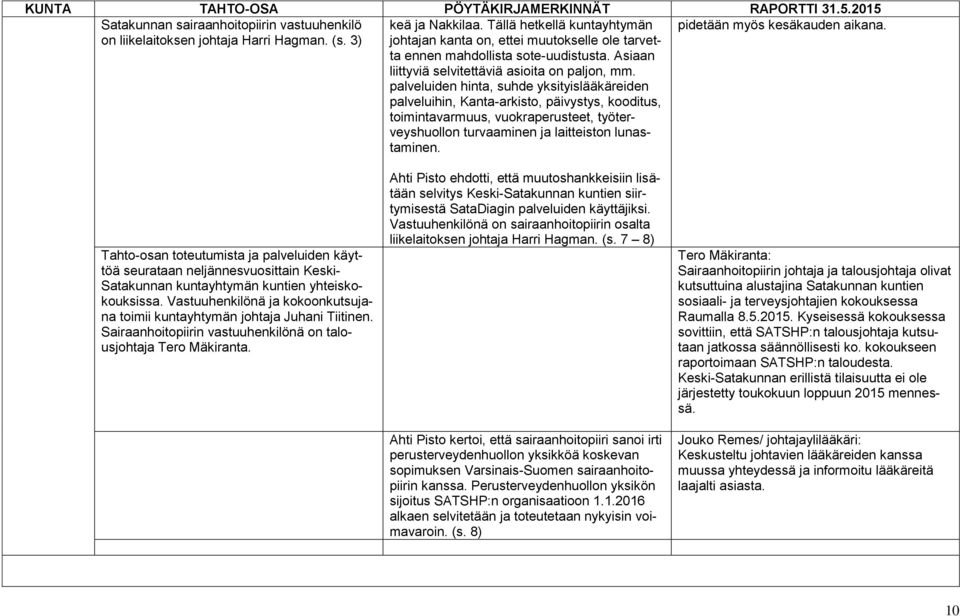 palveluiden hinta, suhde yksityislääkäreiden palveluihin, Kanta-arkisto, päivystys, kooditus, toimintavarmuus, vuokraperusteet, työterveyshuollon turvaaminen ja laitteiston lunastaminen.