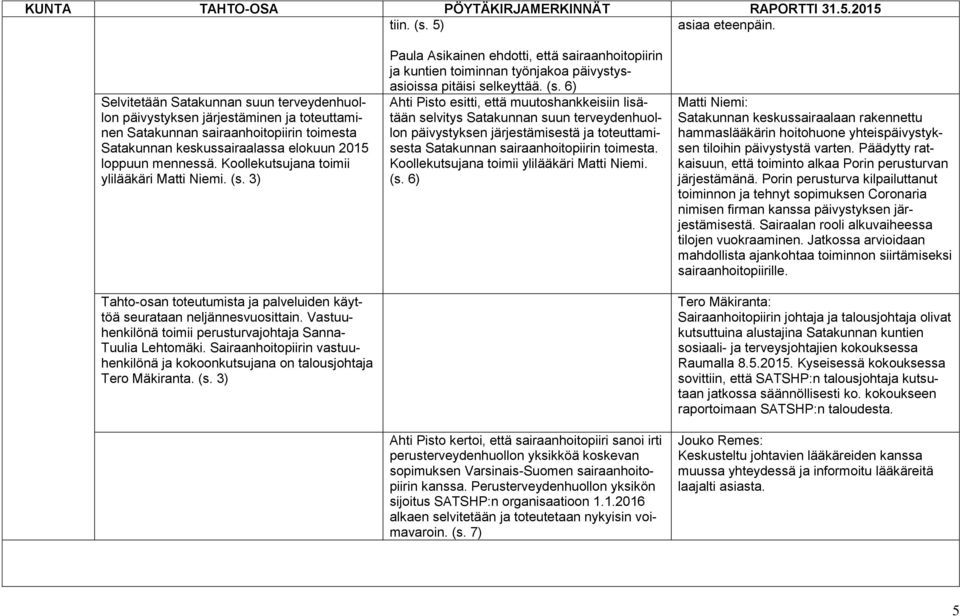 Koollekutsujana toimii ylilääkäri Matti Niemi. (s. 3) Tahto-osan toteutumista ja palveluiden käyttöä seurataan neljännesvuosittain. Vastuuhenkilönä toimii perusturvajohtaja Sanna- Tuulia Lehtomäki.