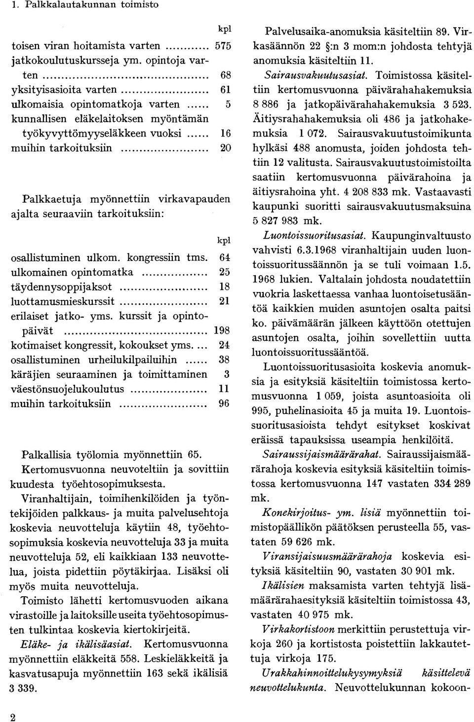 virkavapauden ajalta seuraaviin tarkoituksiin: kpl osallistuminen ulkom. kongressiin tms. 64 ulkomainen opintomatka 25 täydennysoppijaksot 18 luottamusmieskurssit 21 erilaiset jatko- yms.